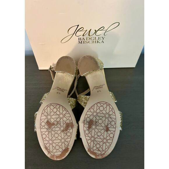 BEAUTIFUL Jewel Badgley Mischka Metallic Gold Glitter Evening Block Heel Sz 6.5 - Picture 7 of 8